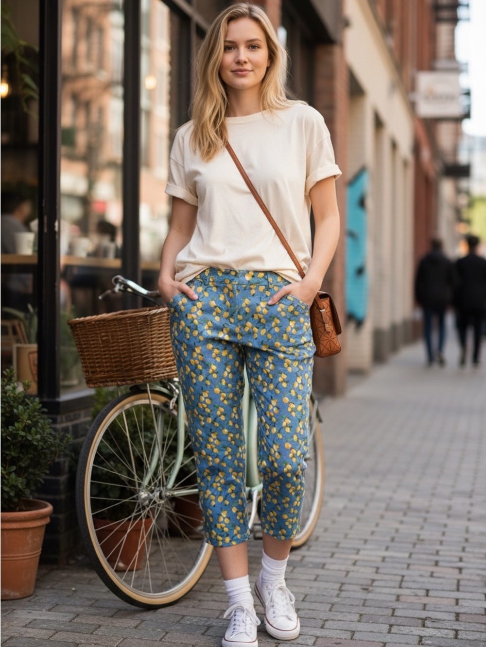 Women’s Blue Lemon-Print Cropped Pants